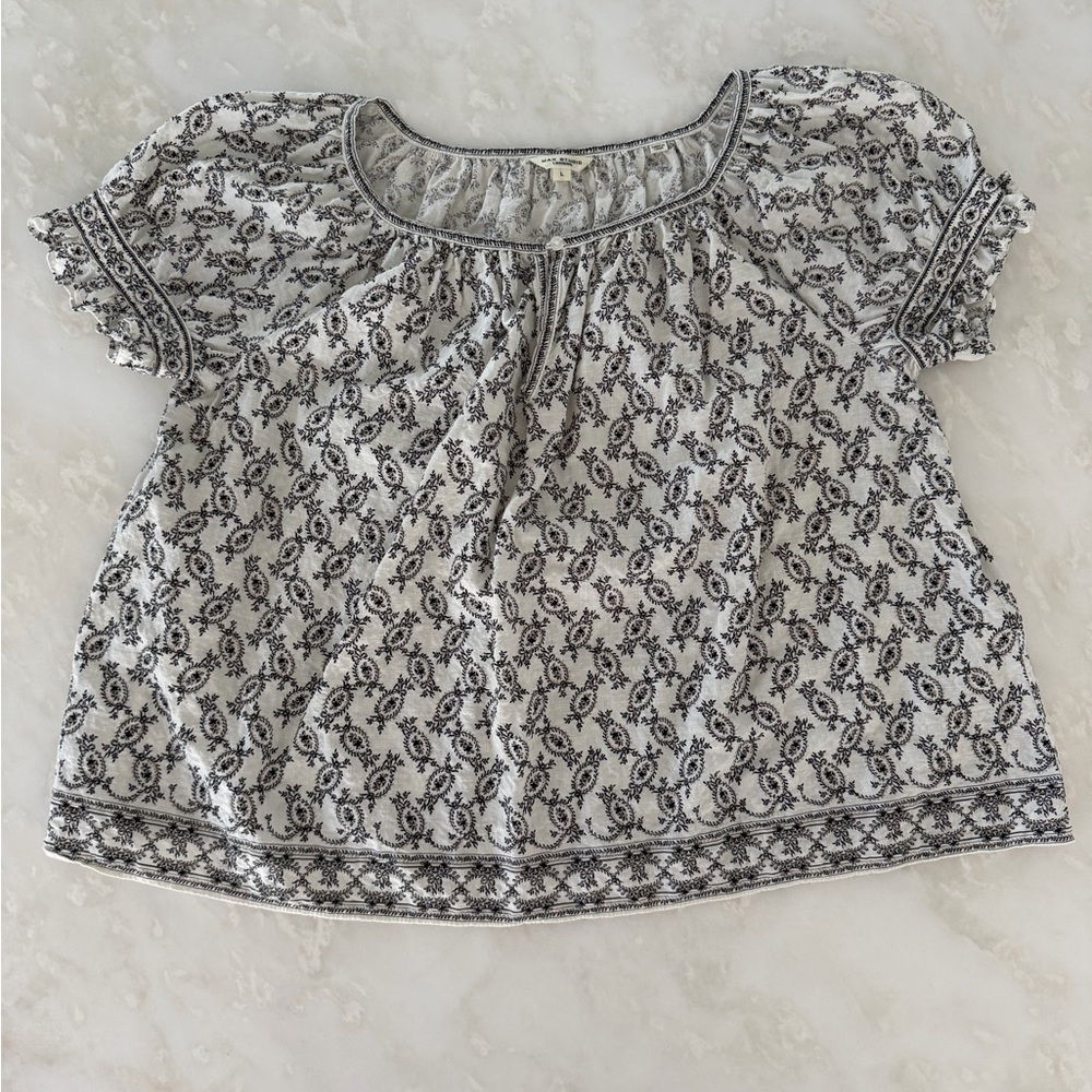 Max Studio London | Cream and Black Floral Peasant Blouse. 100% Cotton. Sz. L